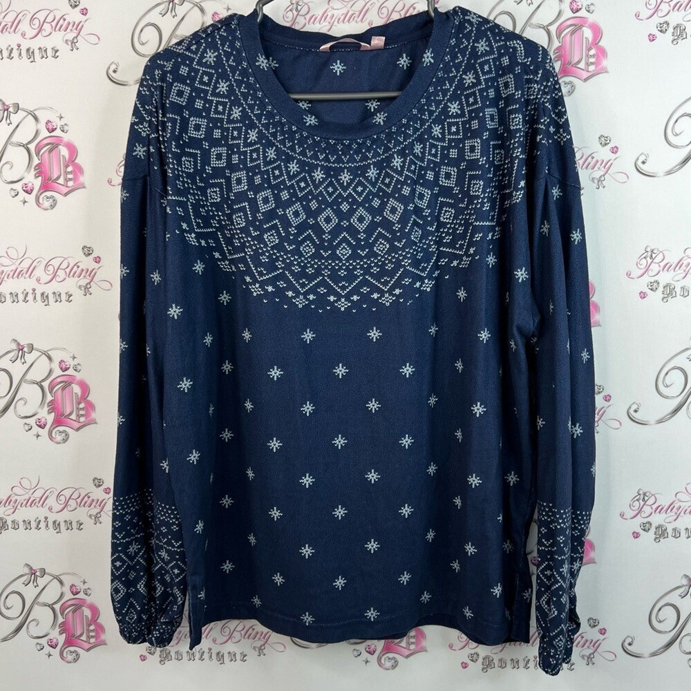 La Vie En Rose shirt winter pattern navy Dark Blue Geometric Long Sleeve Top